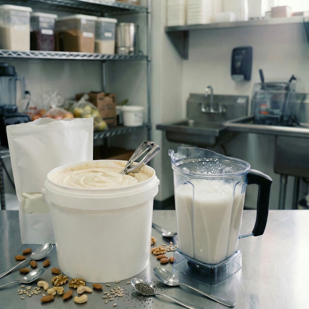 JOI plant-based concentrate pail with mixed nuts and blender in commercial kitchen