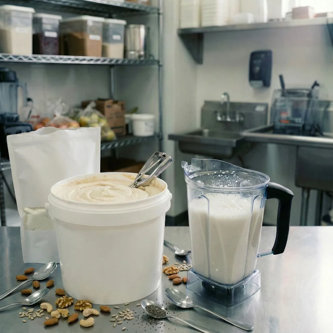 JOI plant-based concentrate pail with mixed nuts and blender in commercial kitchen